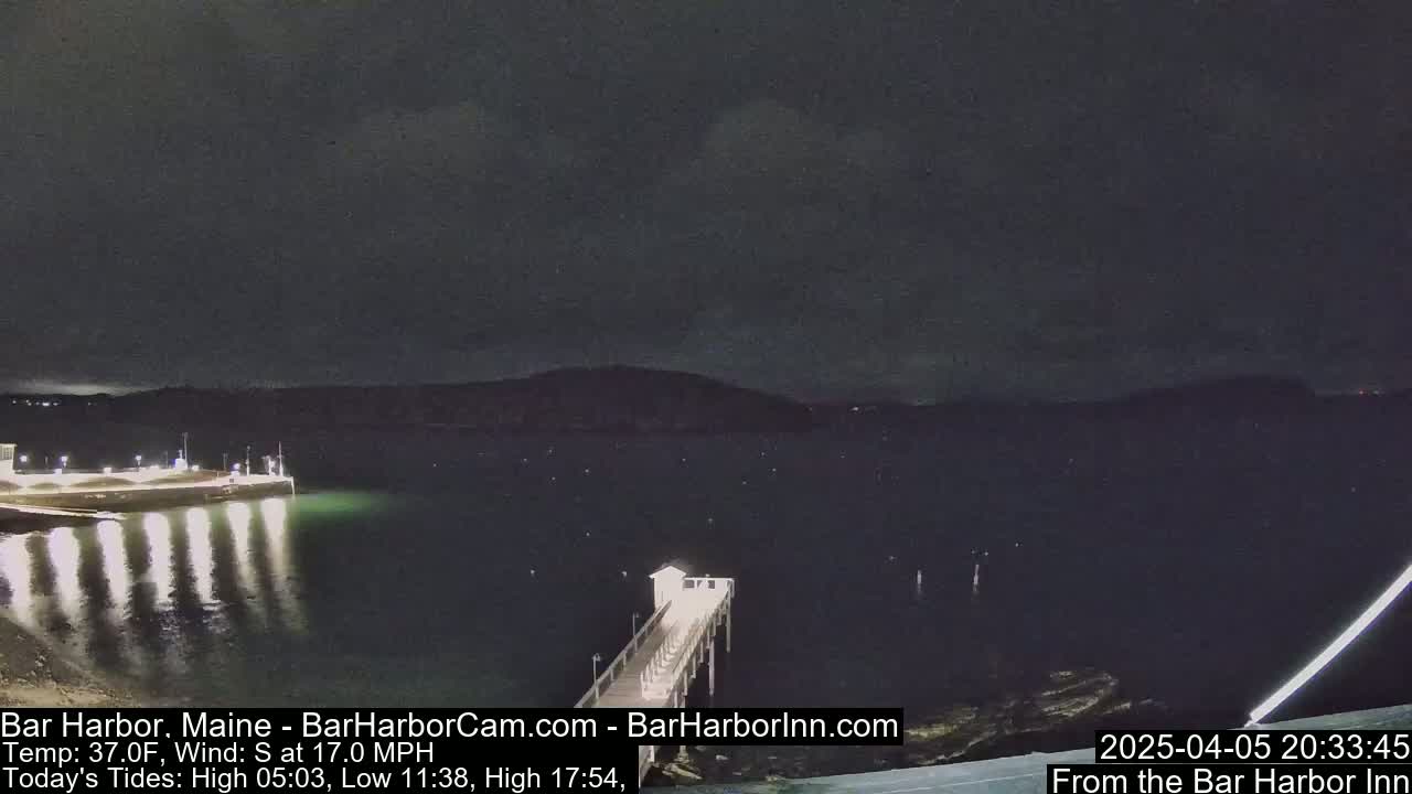 A nighttime view of a calm body of water with a pier extending from the shore under a mostly cloudy sky.