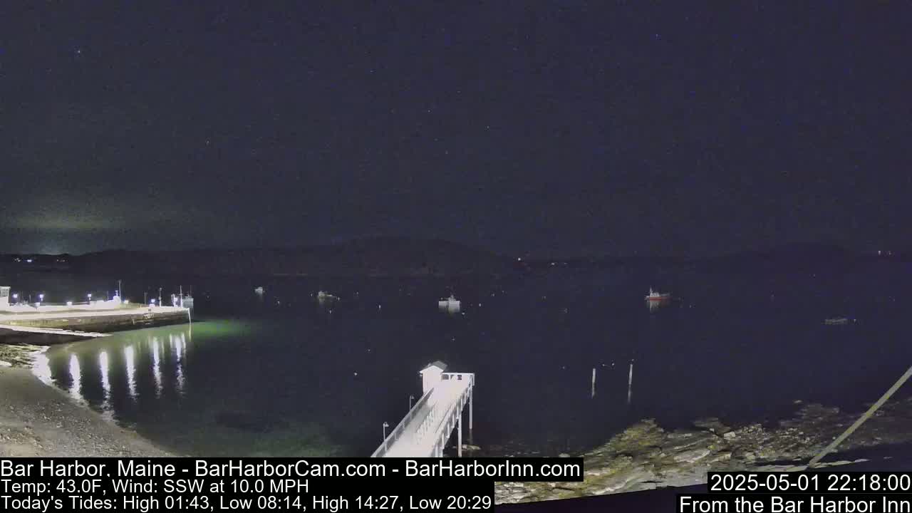 A nighttime view of a calm harbor with a pier extending from a shoreline under a clear, dark sky.