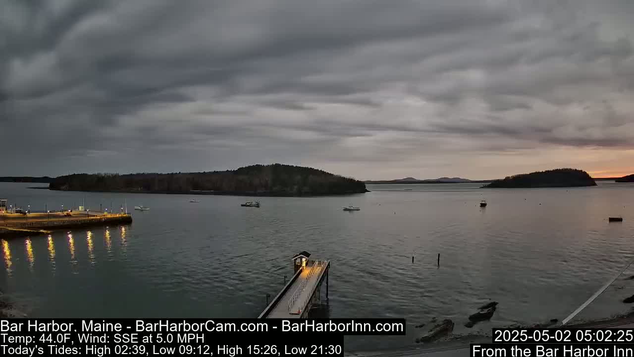 A long pier extends into a calm bay under an overcast sky, with several small boats and a shoreline with trees visible in the distance.