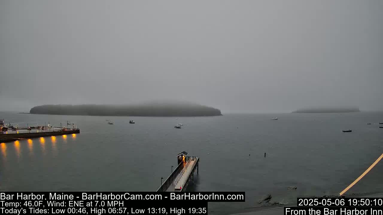 A foggy harbor scene shows a long pier extending into the water, with several small boats and distant islands barely visible through the mist.