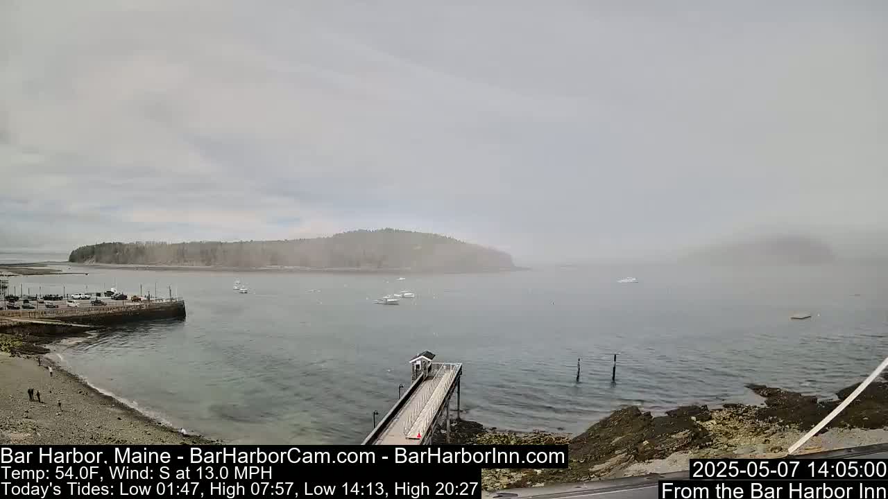 A foggy harbor scene shows a calm body of water with several boats, a rocky shoreline with a pier, and a wooded island in the distance.