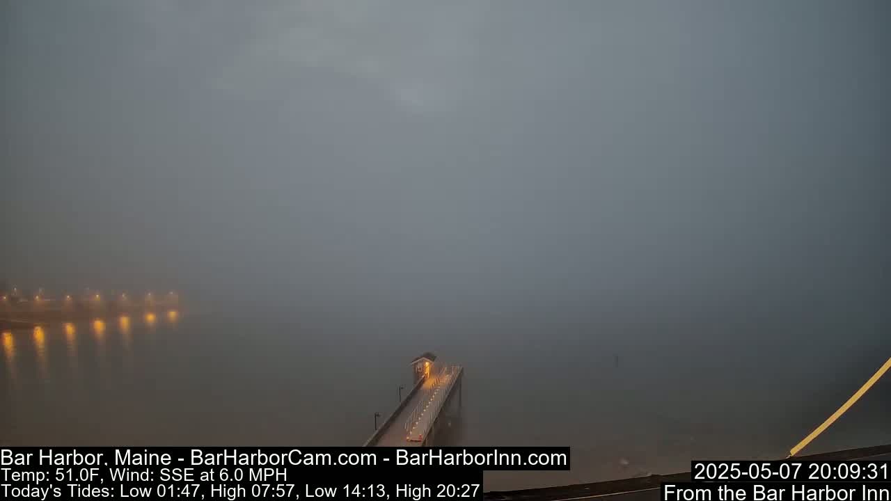 A long pier extends into a foggy body of water with dimly lit lights visible along its edges.