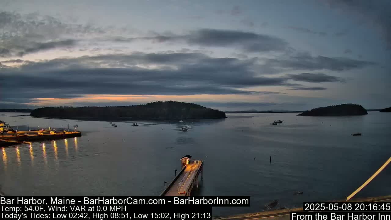 A calm harbor at twilight, under a mostly cloudy sky, features a pier extending into the water, with several boats visible in the distance.