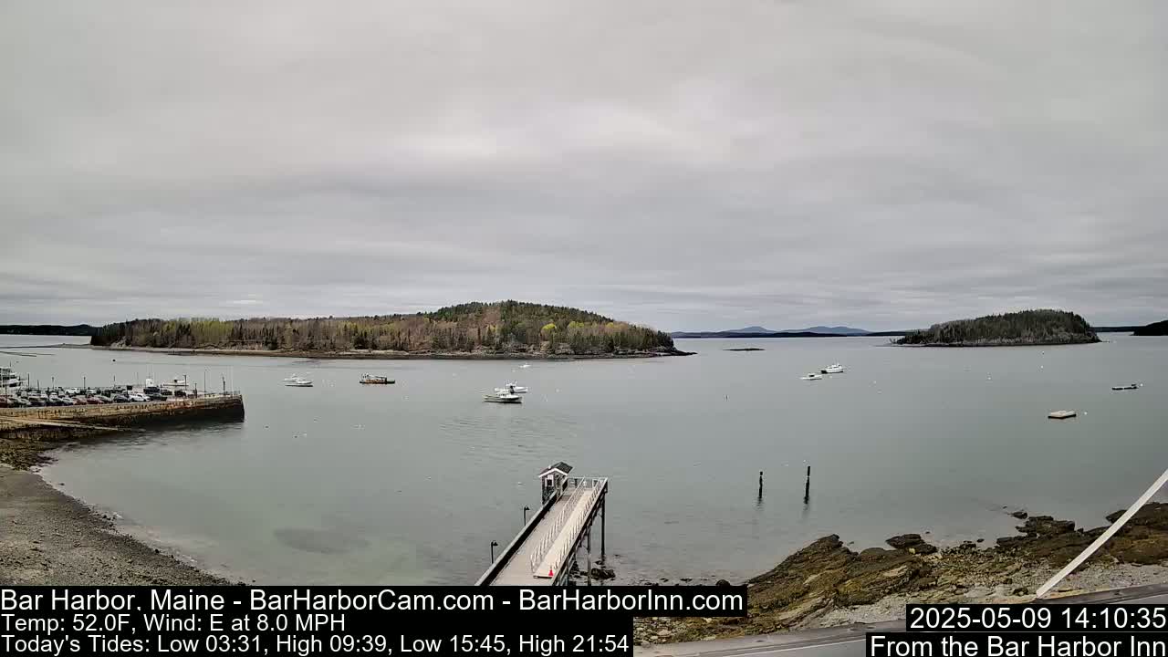 A calm, overcast day reveals a harbor scene with several boats, a long pier extending into the water, and tree-covered islands in the distance.