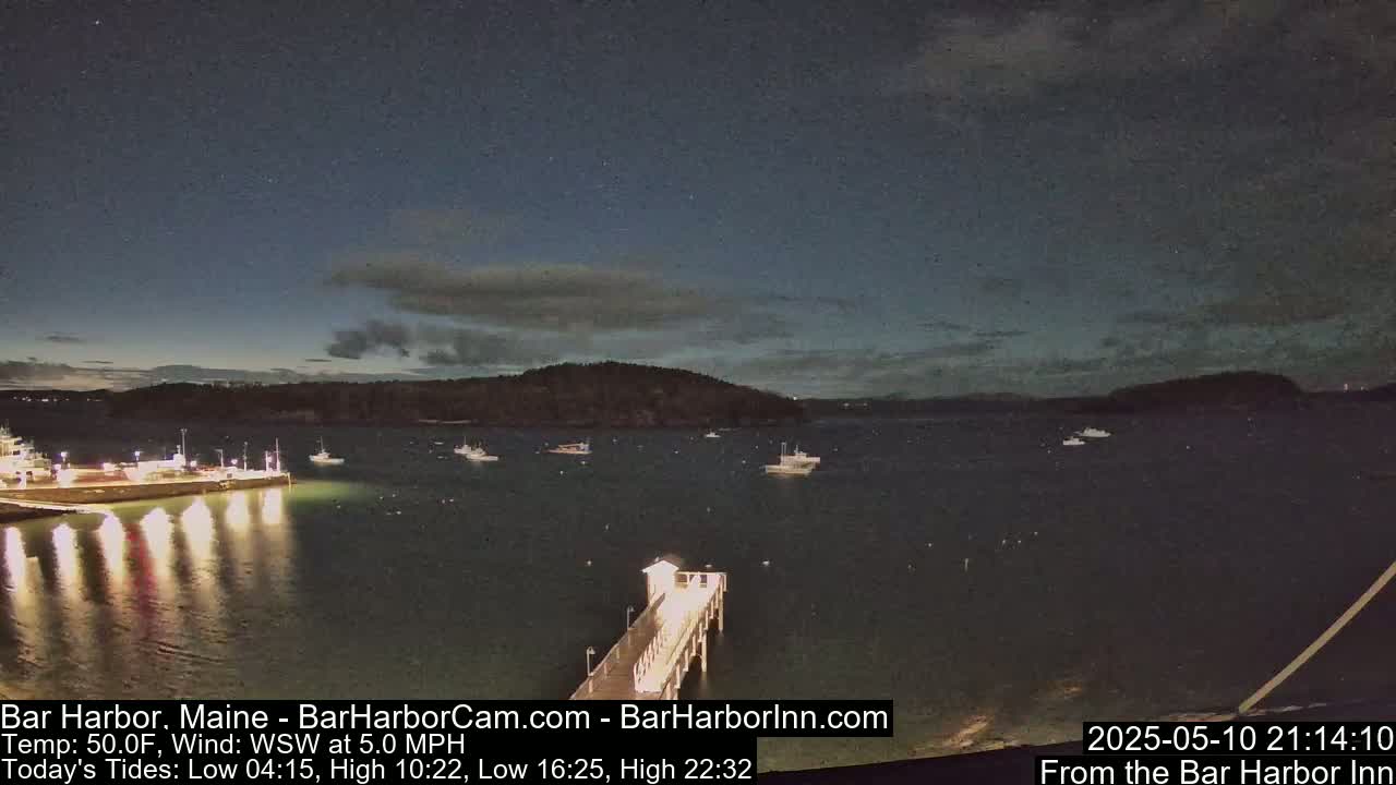 A nighttime harbor scene shows a long pier extending into calm water, several boats are moored nearby under a partly cloudy sky.