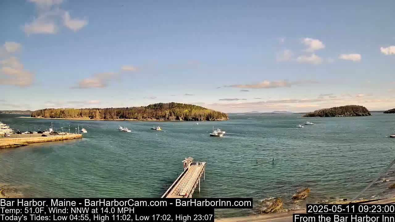A calm harbor scene shows several boats and a long pier extending into the water under a partly cloudy sky.