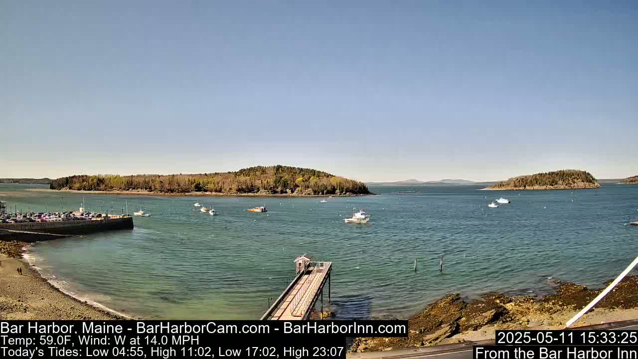 A calm harbor with several boats, a long pier, and tree-covered islands in the background under a clear blue sky.