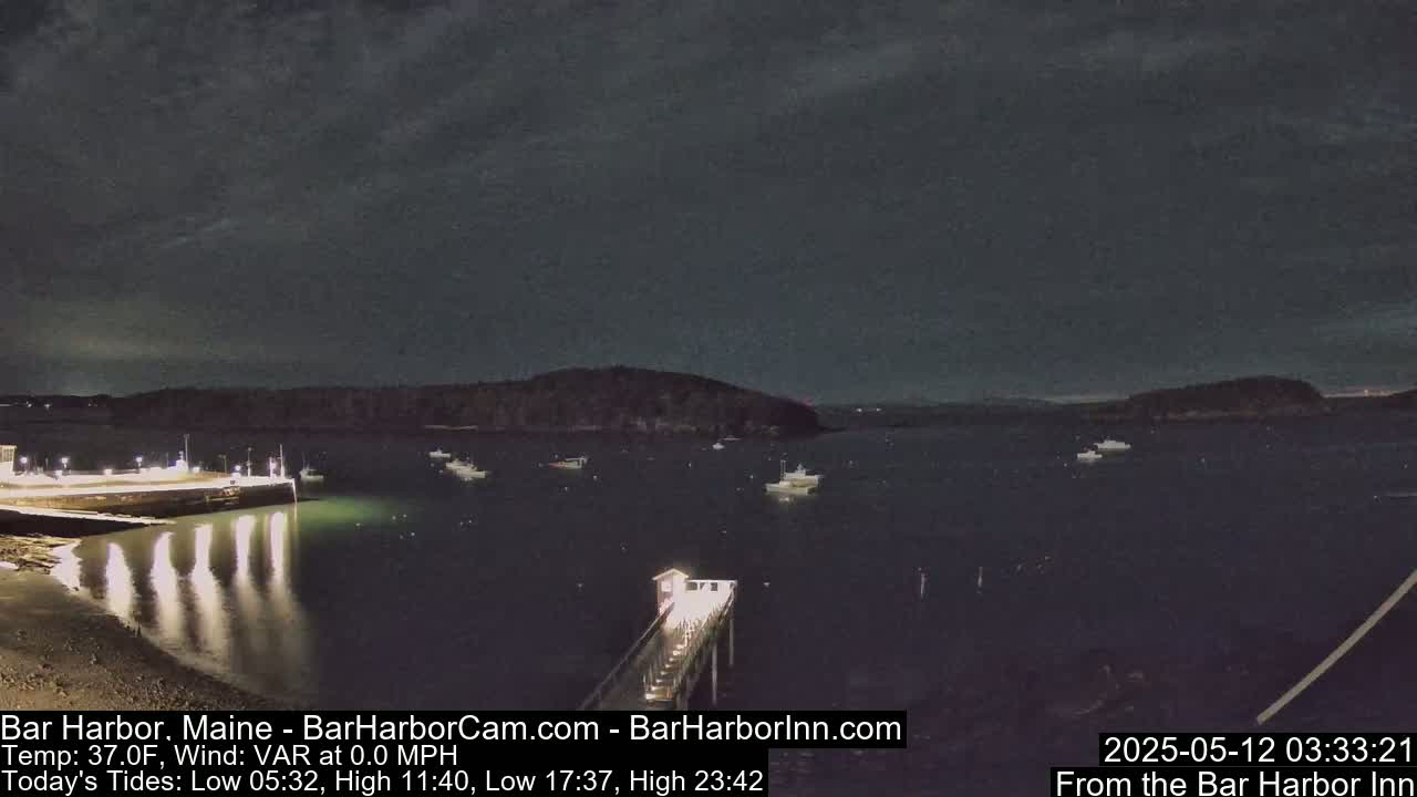A nighttime harbor scene with calm water, several boats, a pier, and a dark, cloudy sky.