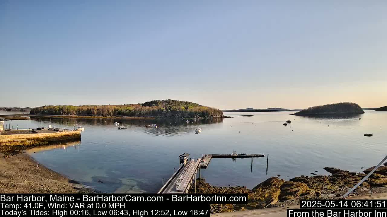 A calm bay with several small boats, a long pier, and tree-covered islands under a clear, light-blue sky.