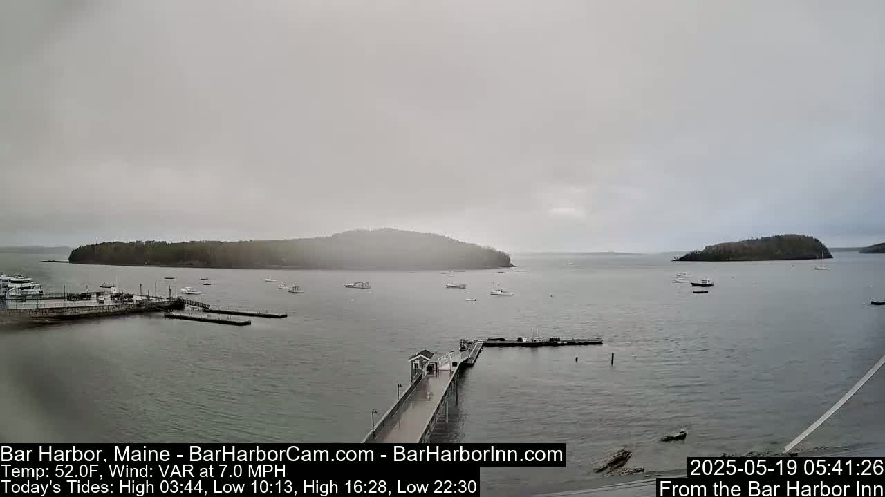 A hazy, overcast day shows a harbor with several boats and a long pier extending into calm water, with islands visible in the distance.