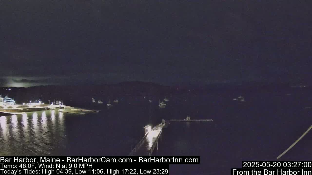 A nighttime aerial view shows a harbor with numerous boats moored, a pier extending into the water, and a dark sky.