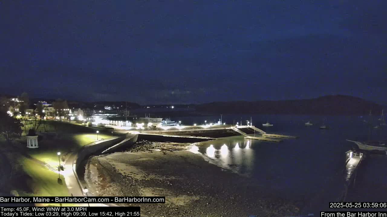 A nighttime view of a harbor town's waterfront, with calm water reflecting lights from the shore under a dark, clear sky.