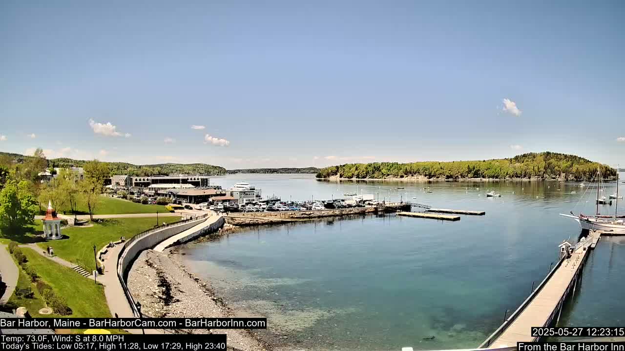 A harbor scene on a sunny day with a gentle south wind shows a calm body of water with boats and a waterfront area with buildings and a park.