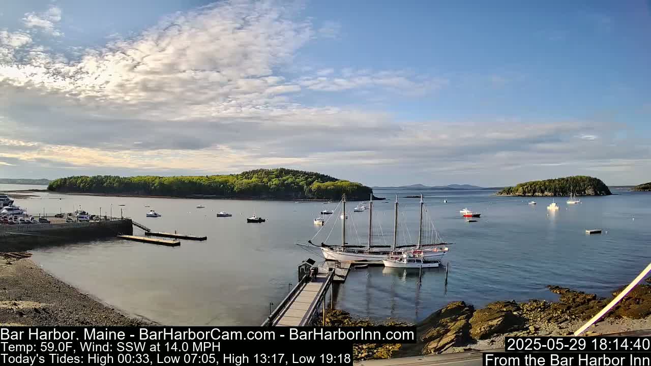 A harbor with several boats, including a large sailing ship, is seen under a partly cloudy sky.