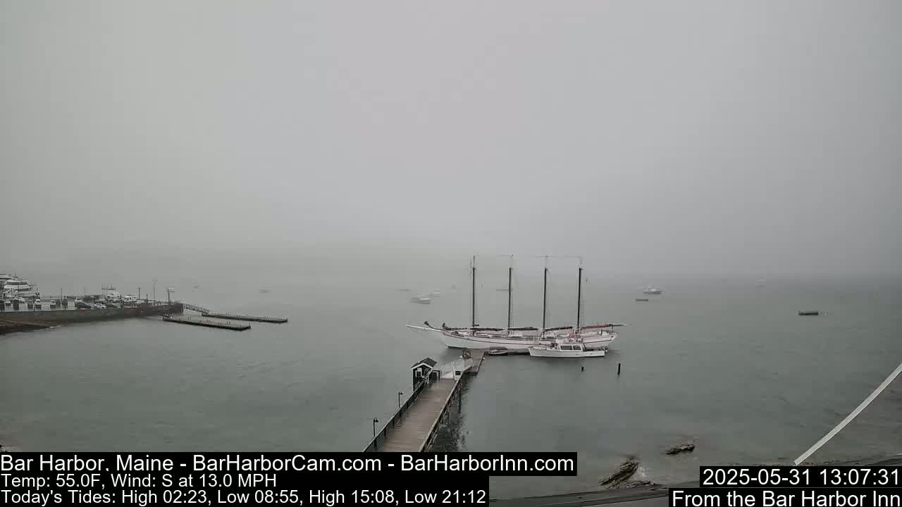 A large sailboat is moored at a dock in a foggy harbor, with several smaller boats nearby.