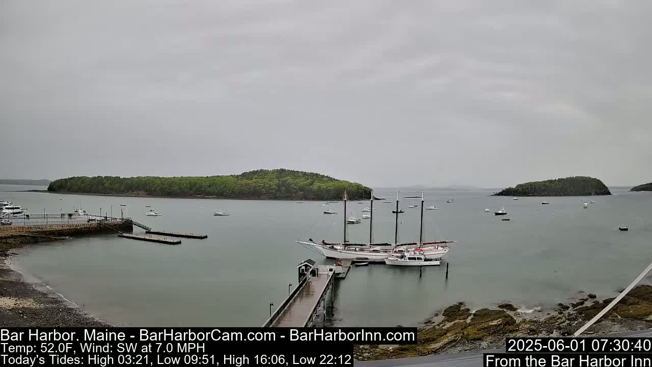 A large sailing ship is docked at a pier in a calm harbor on an overcast day, with several smaller boats scattered across the water and a small island in the background.