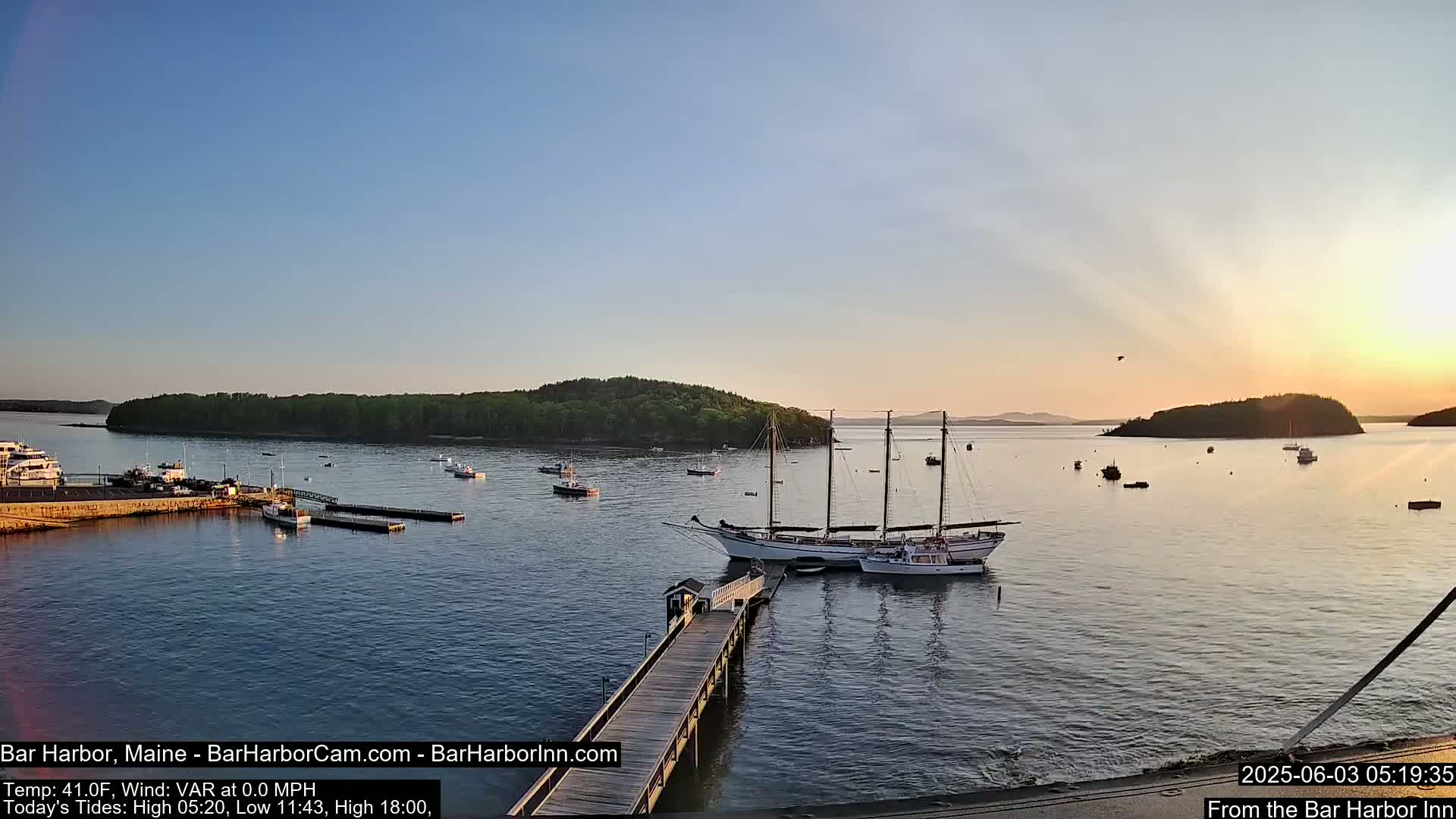 A calm harbor at sunrise shows several boats docked near a wooden pier, with a large sailboat prominent in the foreground and other smaller vessels scattered across the water, under a clear, light-blue sky.