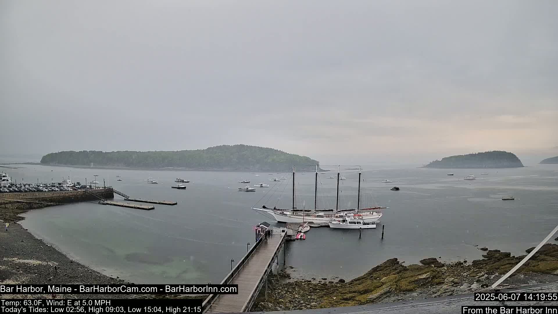 A large sailing ship is moored at a dock in a harbor on an overcast day, with several smaller boats nearby and islands in the distance.