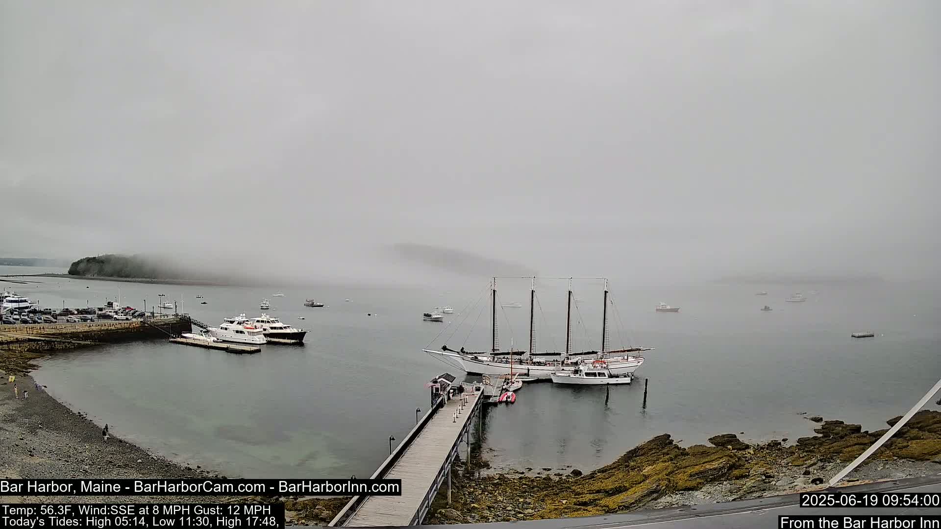 A foggy harbor scene shows several boats moored at a pier, with a large sailing ship prominent in the center.