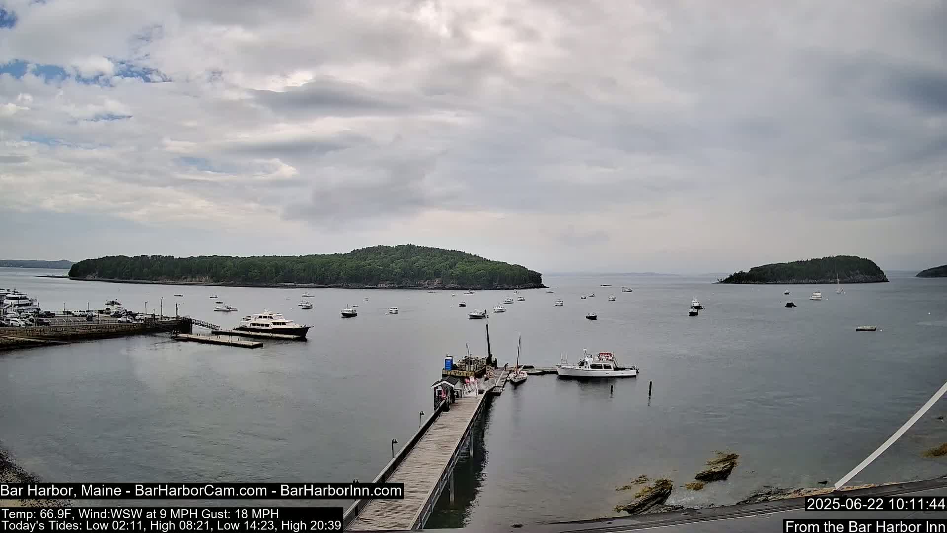A calm harbor with numerous boats, a long wooden pier, and tree-covered islands in the distance under an overcast sky.