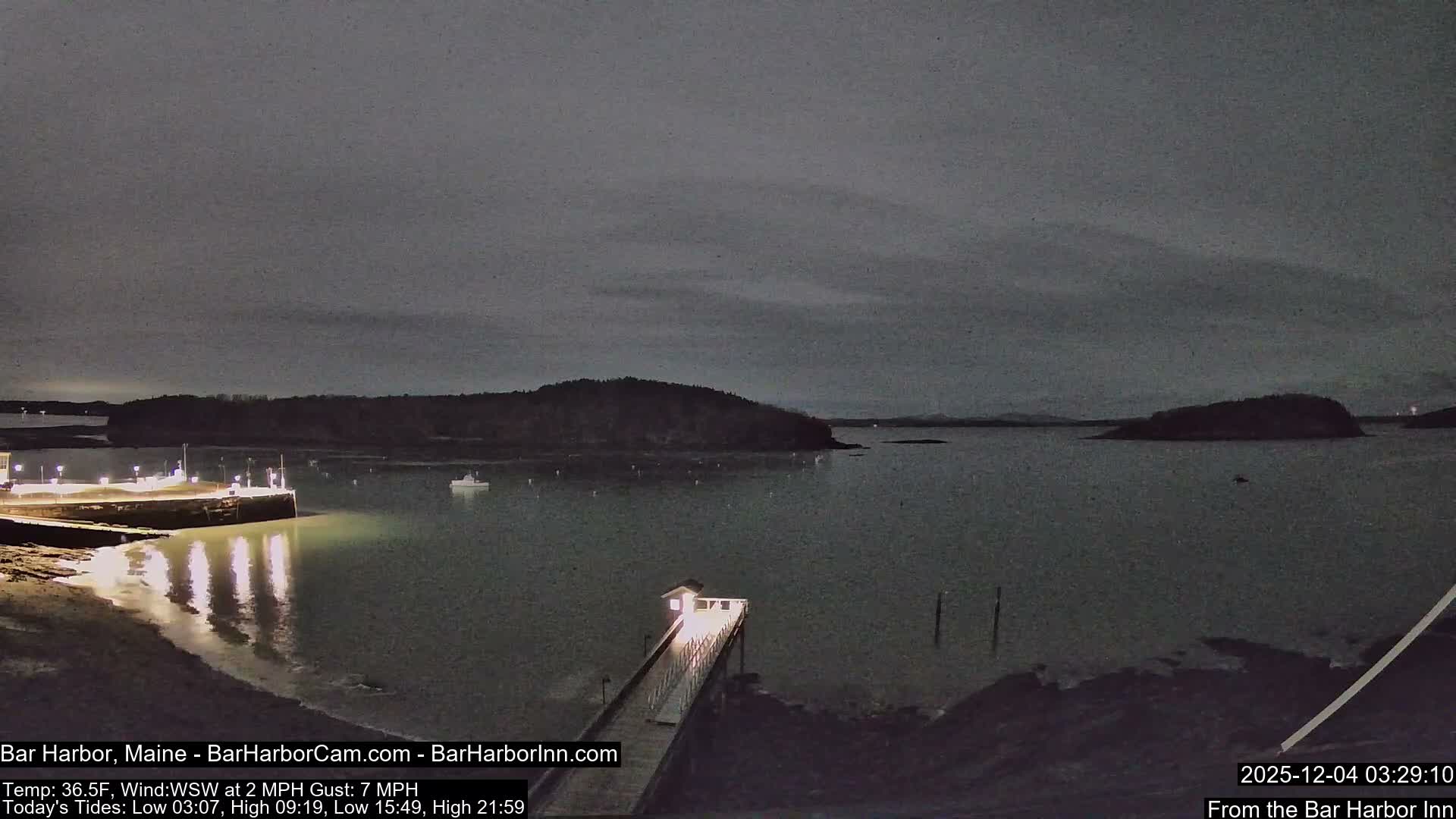 An overcast night scene of a harbor features illuminated docks and a pier reflecting on calm water, with dark, tree-lined islands in the background and boats scattered across the bay.
