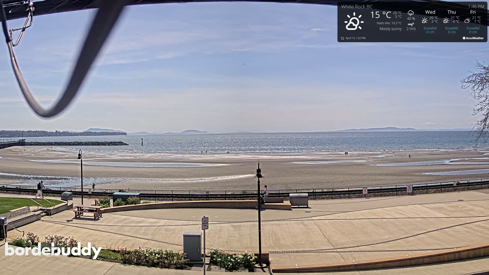 A mostly sunny beach scene with a calm ocean, sandy shore, and paved walkway overlooking the water.