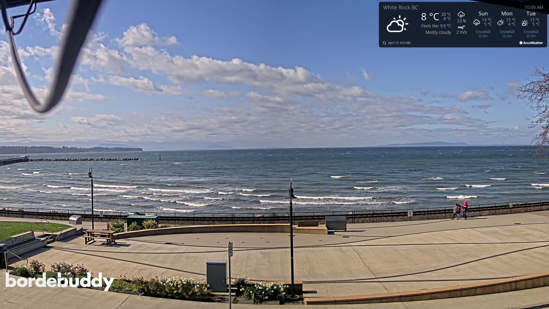 A mostly cloudy day shows a view of a calm ocean with small waves lapping a paved shoreline area; a few people walk along a nearby path.