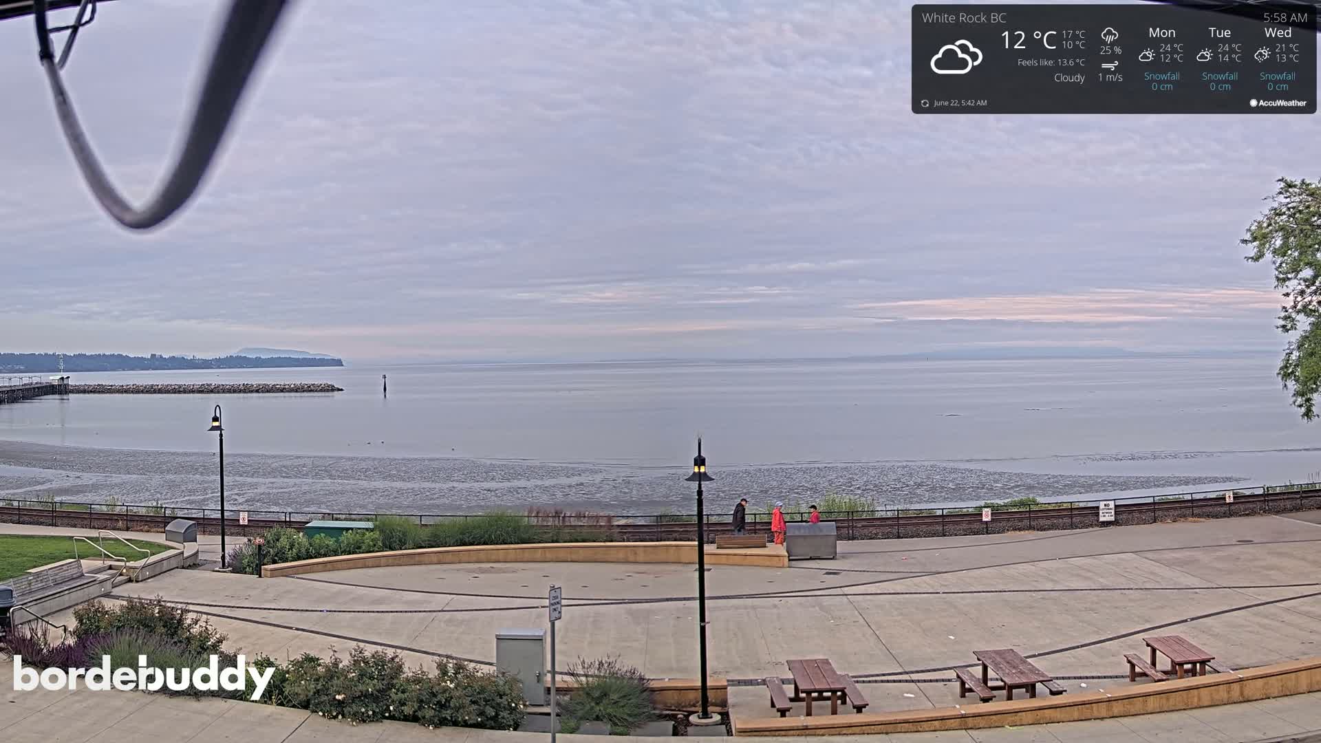 A cloudy day overlooking a calm bay with a paved waterfront area containing picnic tables and a few people.