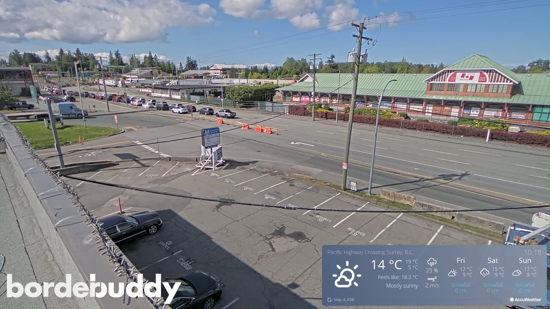 A mostly sunny parking lot and street scene with several cars, a large building, and some light traffic under a partly cloudy sky.