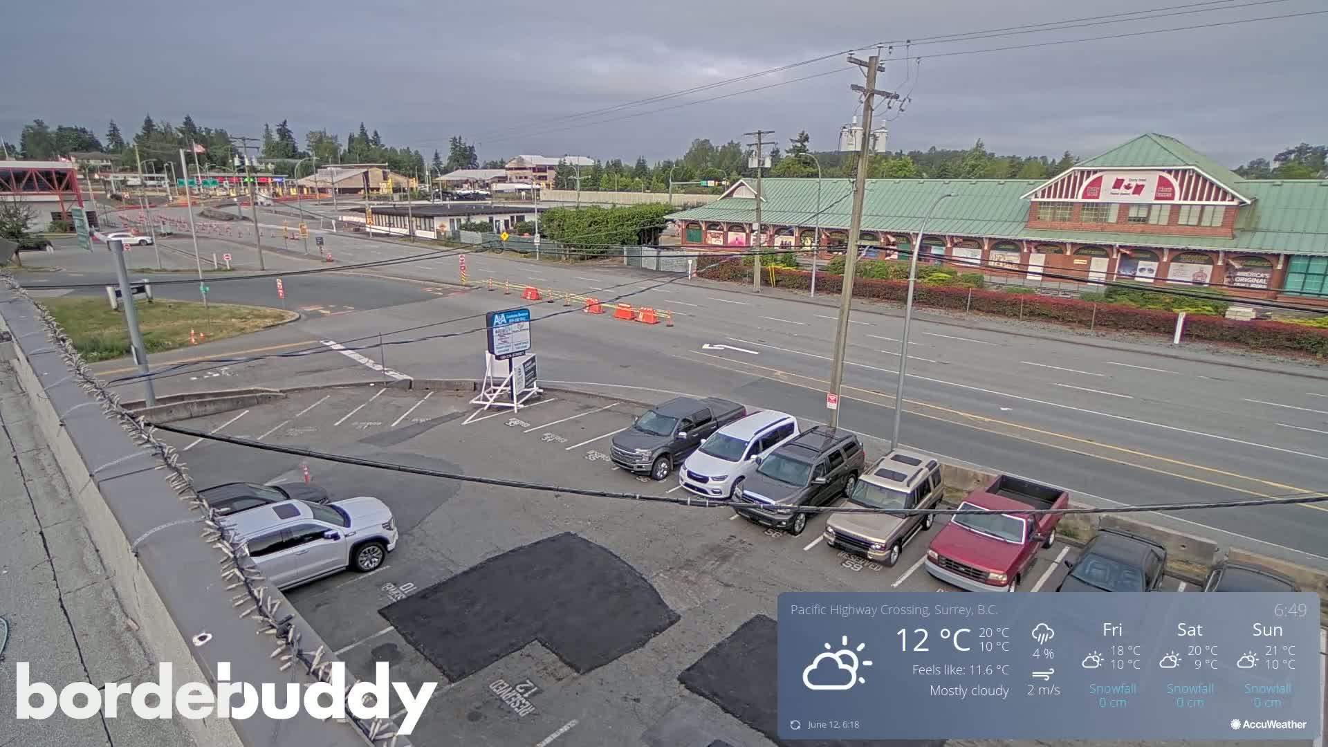 A mostly cloudy day reveals a parking lot with several vehicles, a roadway with light traffic, and a large building in the background.