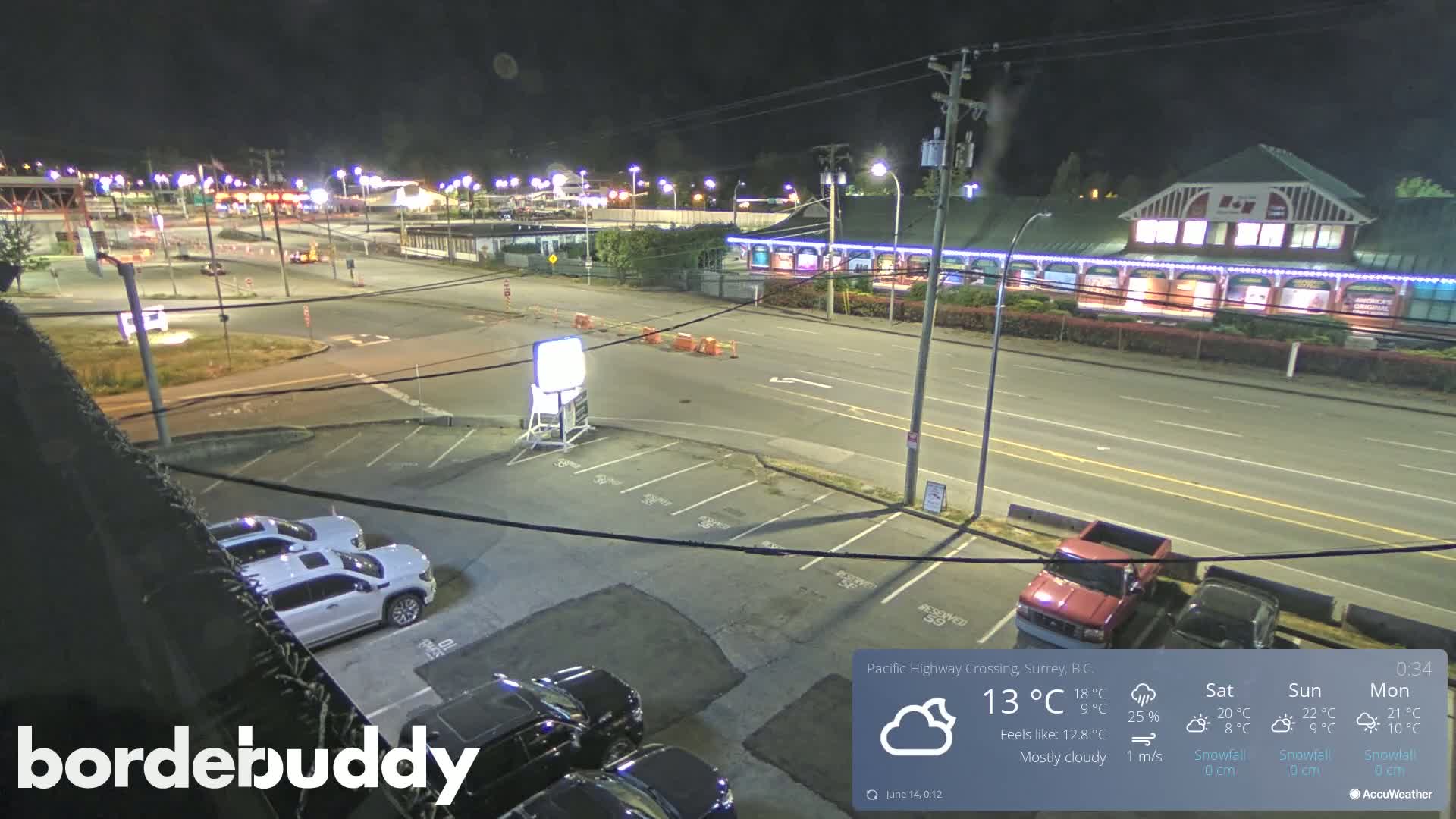 A mostly cloudy night scene shows a parking lot with several cars, and a street with buildings and streetlights.