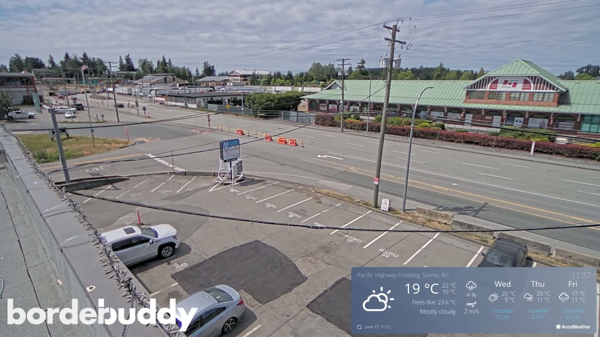 A mostly cloudy day shows a street scene with a parking lot, buildings, and some vehicles, under a partly sunny sky.