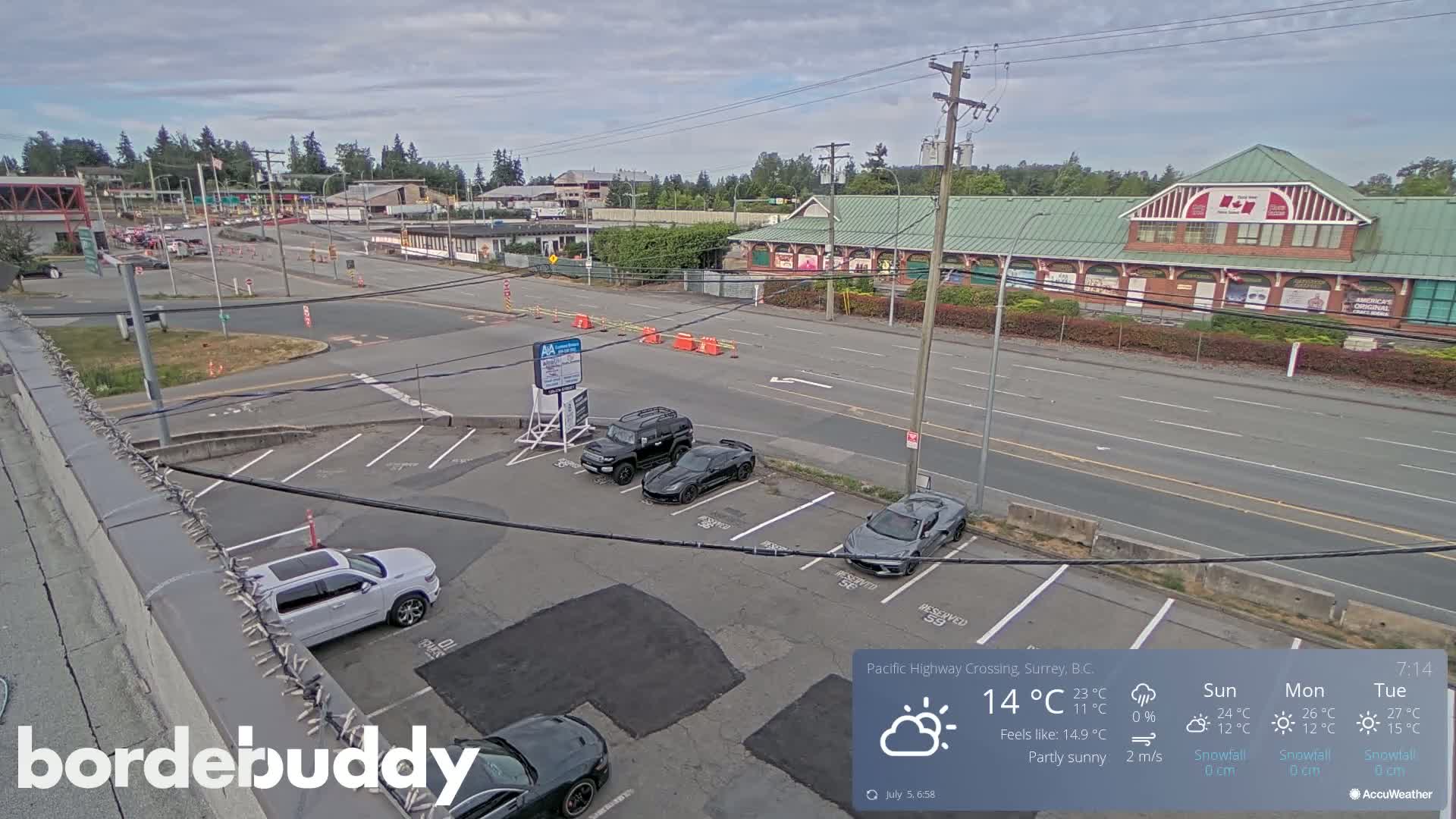 A partly sunny view of a parking lot and road with several vehicles, including SUVs and sports cars, in front of a long building.