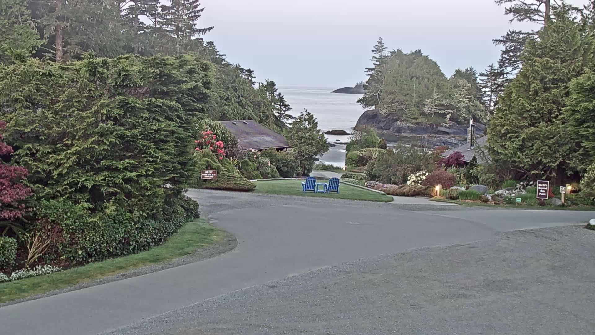 A paved roadway curves through a landscaped area with lush green vegetation, leading to a view of a calm ocean with a rocky shoreline and distant islands under an overcast sky.
