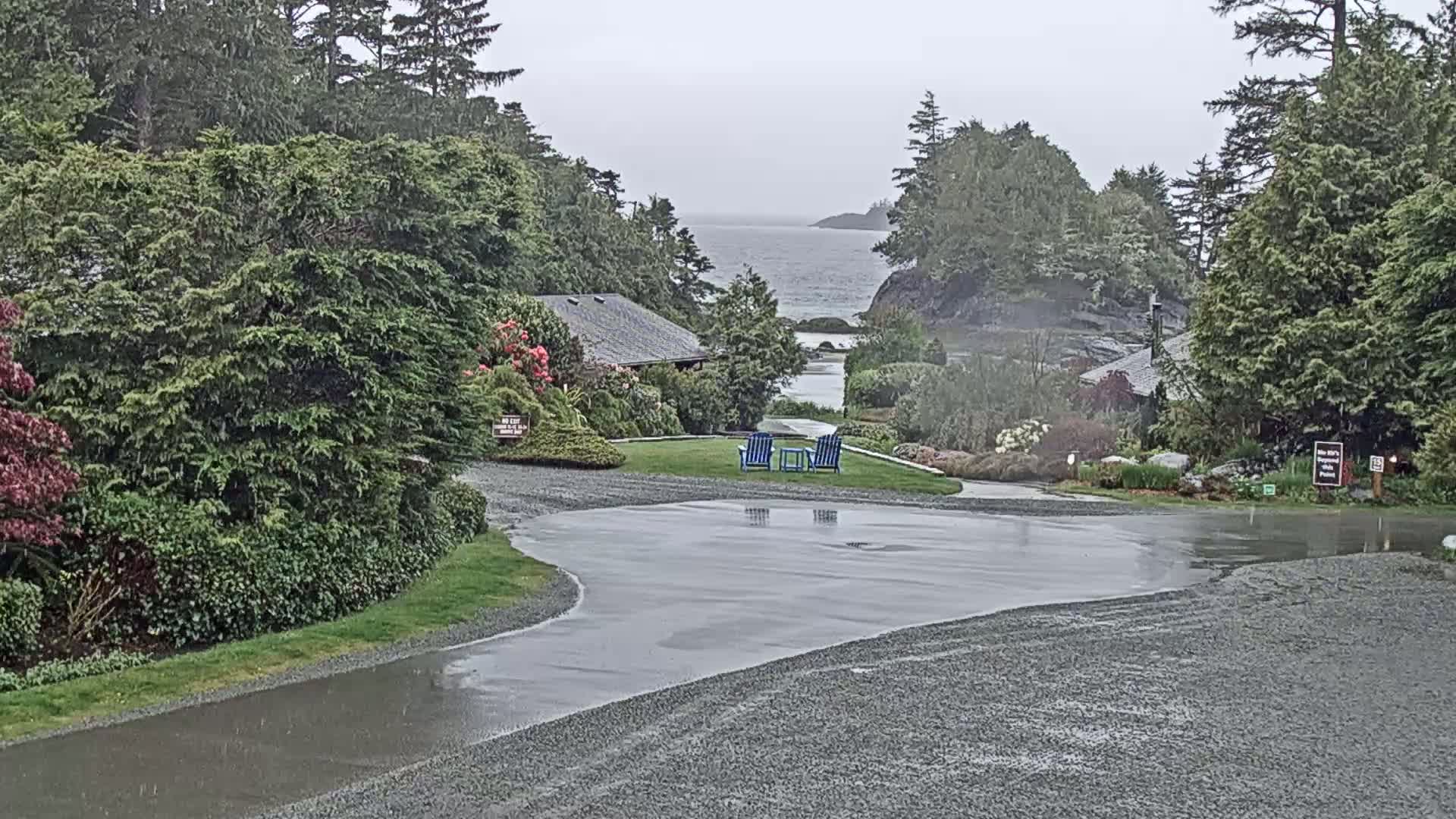A wet gravel driveway leads to a view of a calm ocean, with two chairs on a grassy area and lush green landscaping surrounding a house in the foreground under an overcast sky.