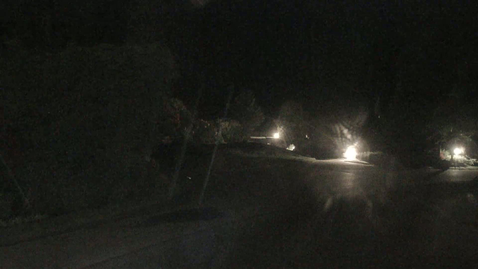 A dark, nighttime street scene shows a roadway dimly lit by distant lights and bordered by dark vegetation.