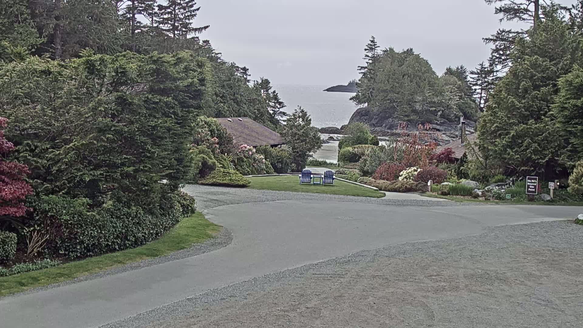 A paved driveway curves through a lush, green landscape with a view of a calm ocean, two blue chairs on a grassy area, and a small building nestled among the trees under an overcast sky.