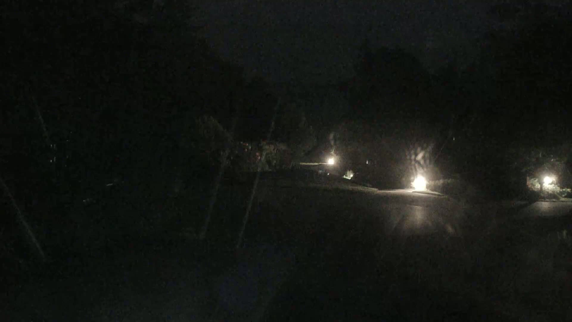 A dark, nighttime scene shows a paved road illuminated by several small lights, lined with dark trees and shrubbery.