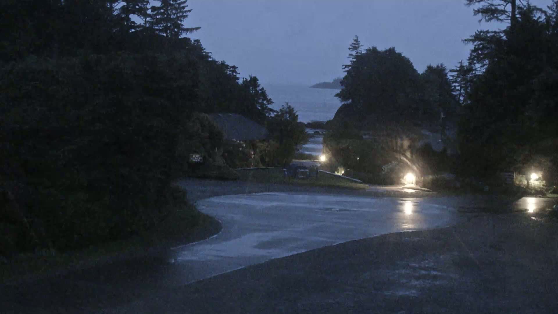 A rain-slicked roadway curves through a dimly lit, wooded area near a calm ocean at twilight, with several buildings visible in the background.