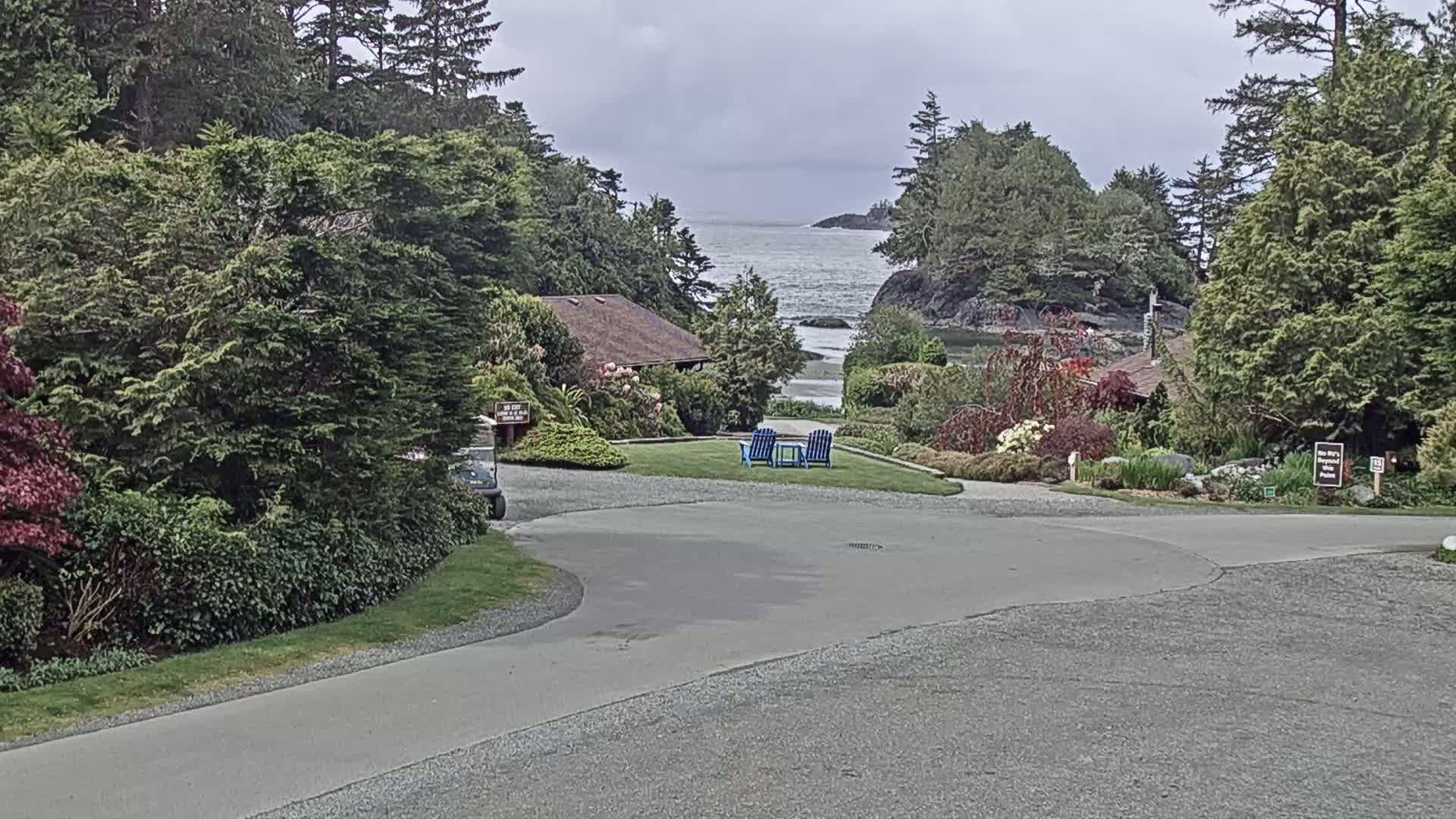 A paved road curves through a lush, green landscape toward a view of a calm ocean under an overcast sky, with two blue chairs situated on a grassy area near a small building.