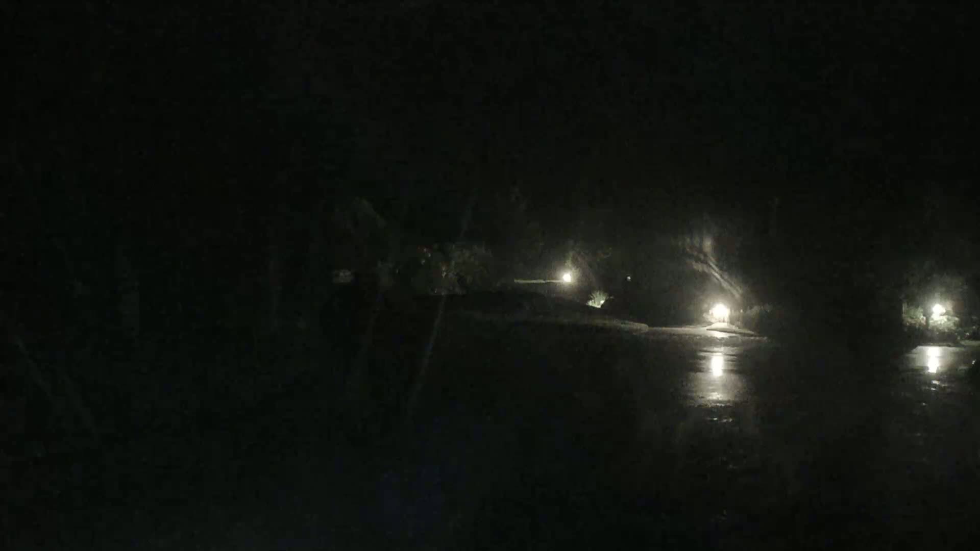 A wet, dark path is dimly lit by several lights at night.