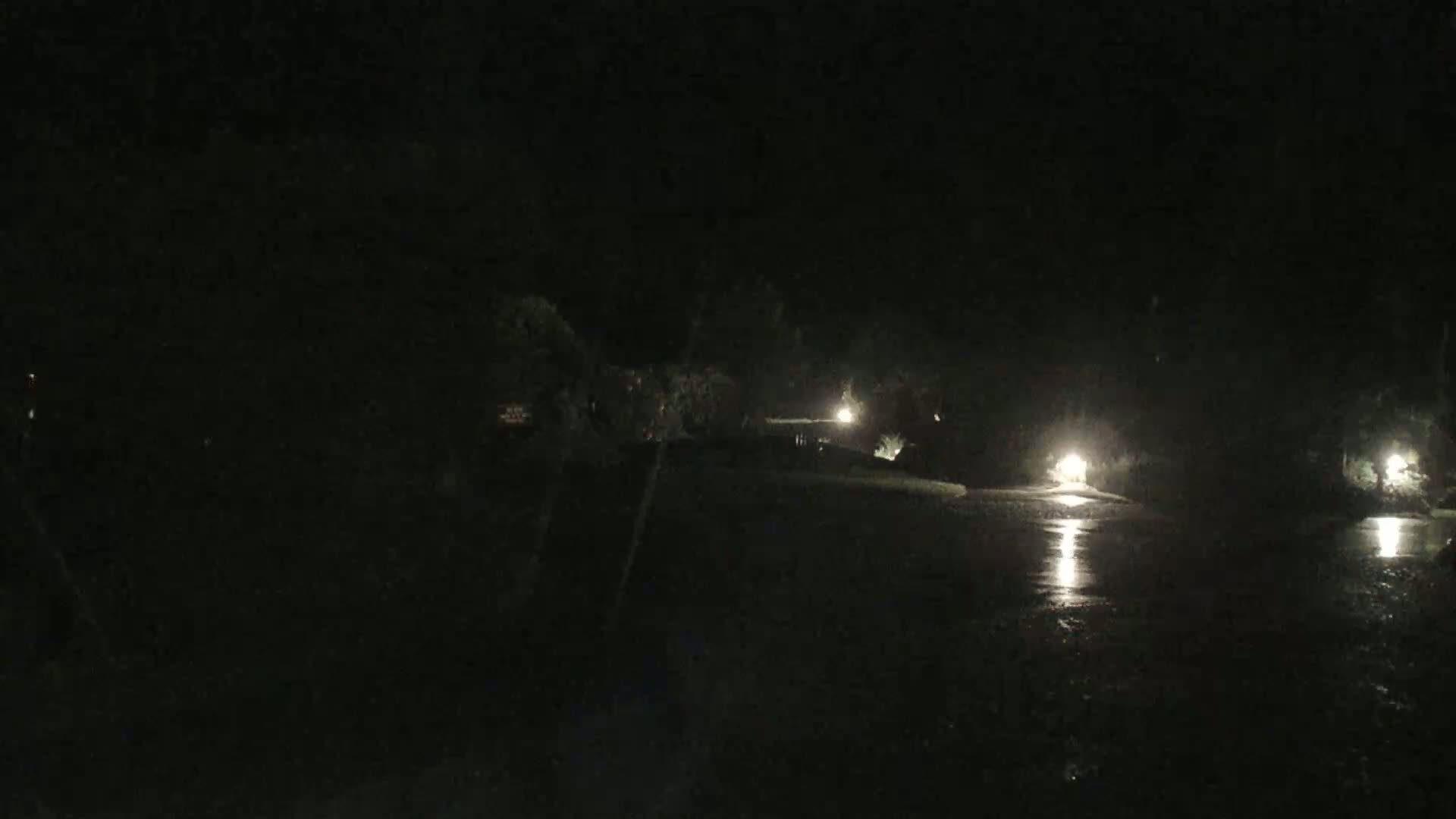 A dark, nighttime scene shows a wet, paved area reflecting light from several distant lamps, surrounded by trees and vegetation.