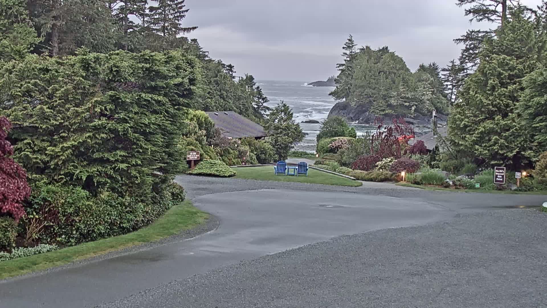A wet, paved driveway curves past lush green landscaping toward a rocky ocean coast under an overcast sky, with two blue chairs on a grassy area in the middle ground.