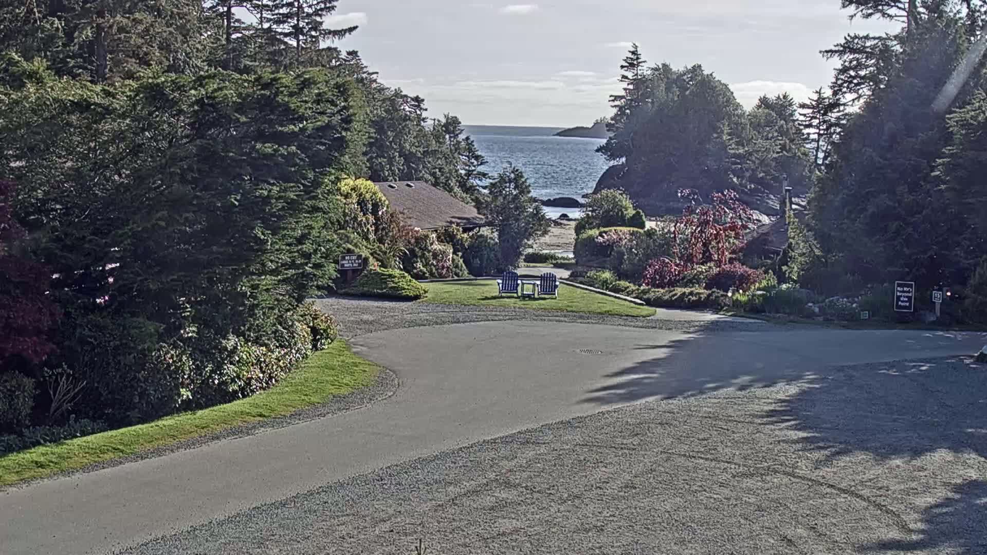 A paved driveway curves through a grassy area with lush green trees and shrubs, leading to a small building and a view of a calm ocean on a sunny day.