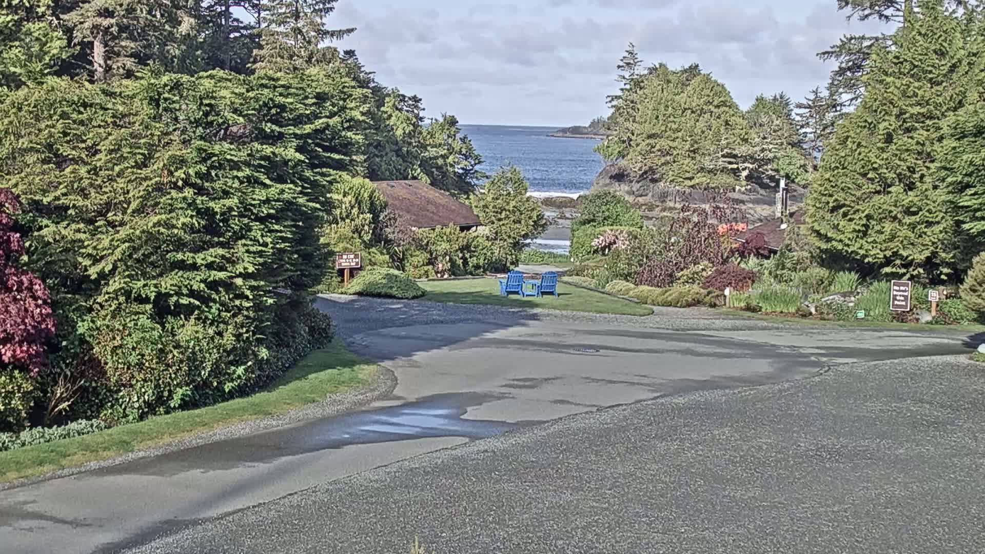A wet asphalt driveway leads to a grassy area with two blue chairs overlooking a calm ocean under a partly cloudy sky.