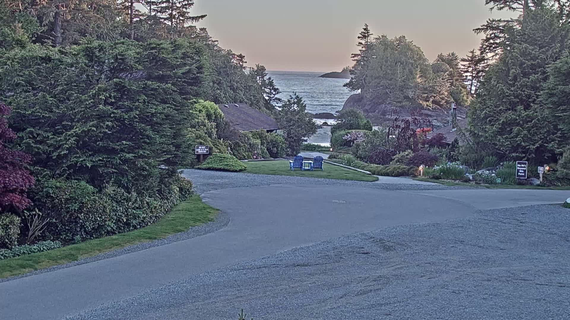 A paved driveway curves toward a calm ocean visible through a gap in the trees at sunset, with two blue chairs situated on a grassy area.