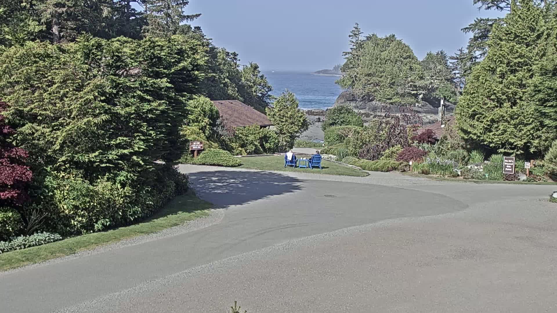 A paved area curves through a landscaped area with lush green trees and shrubs, leading to a view of a calm ocean with a distant shoreline under a clear sky; two people sit in blue chairs on a grassy patch overlooking the water.
