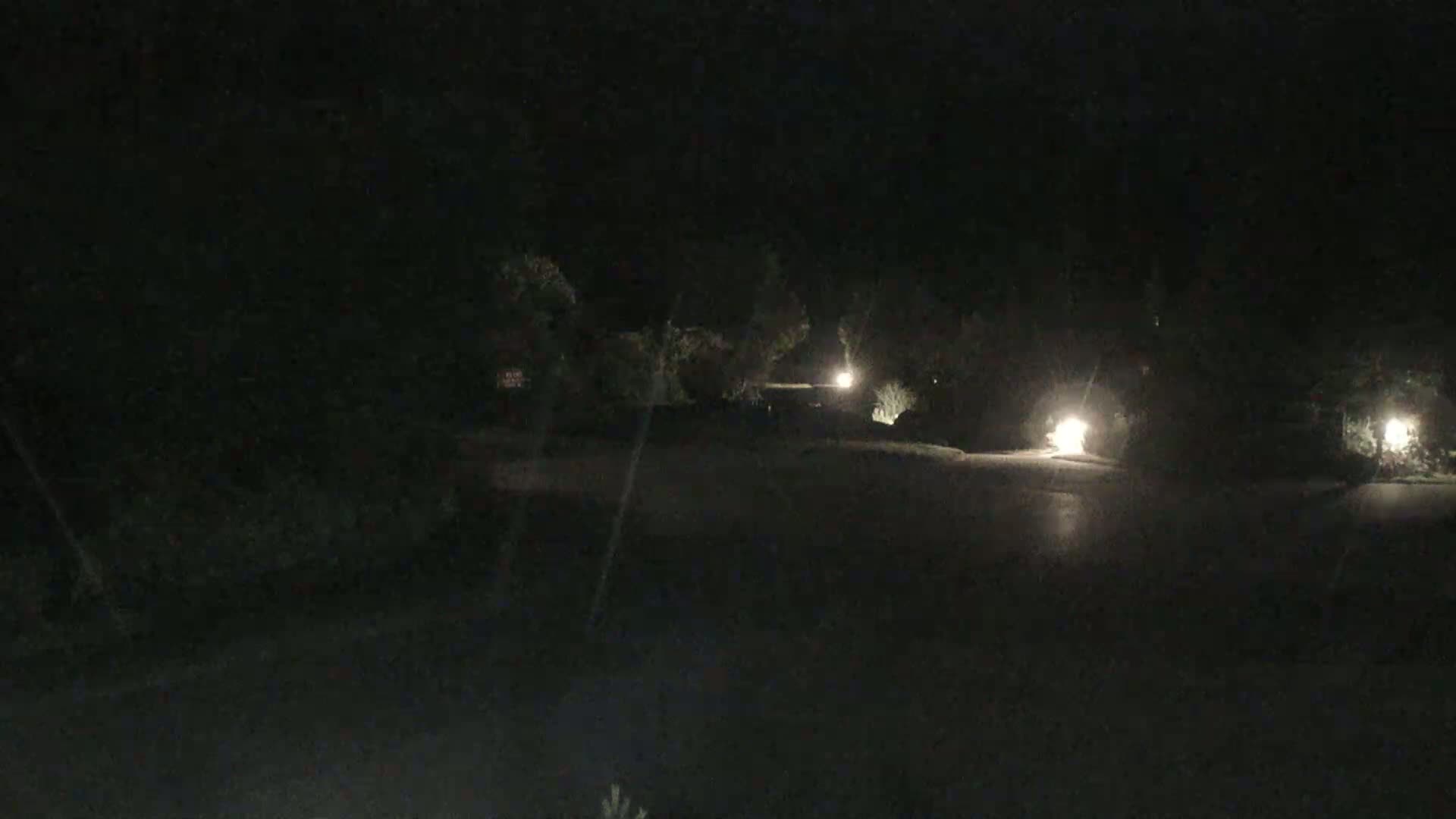 A dark, nighttime scene shows a paved area illuminated by several lights, surrounded by dark vegetation.