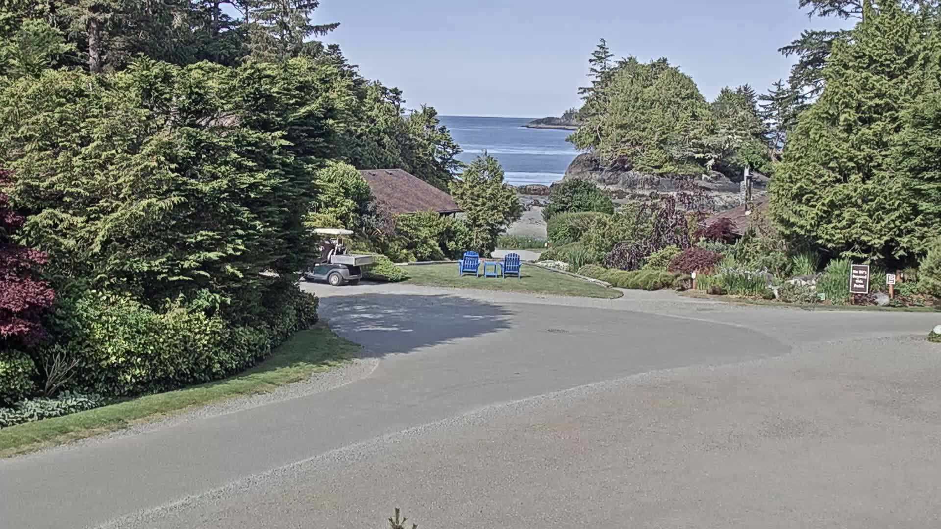 A golf cart is parked near a paved area overlooking a calm ocean with a sandy beach and lush greenery, under a sunny sky.