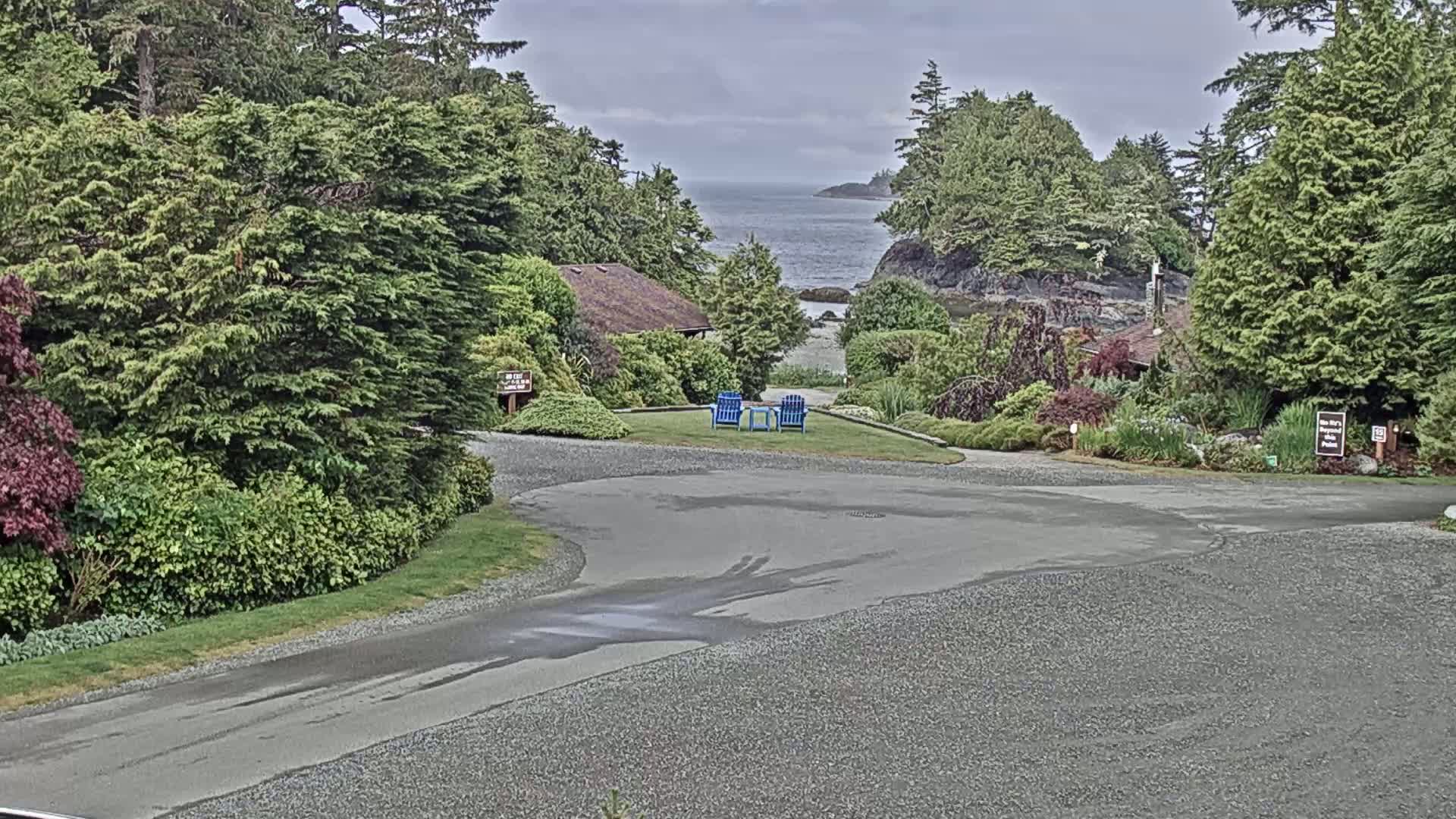 A wet, paved road curves through lush green landscaping toward a view of a calm ocean under a cloudy sky, with two blue chairs sitting on a grassy area in the middle ground.